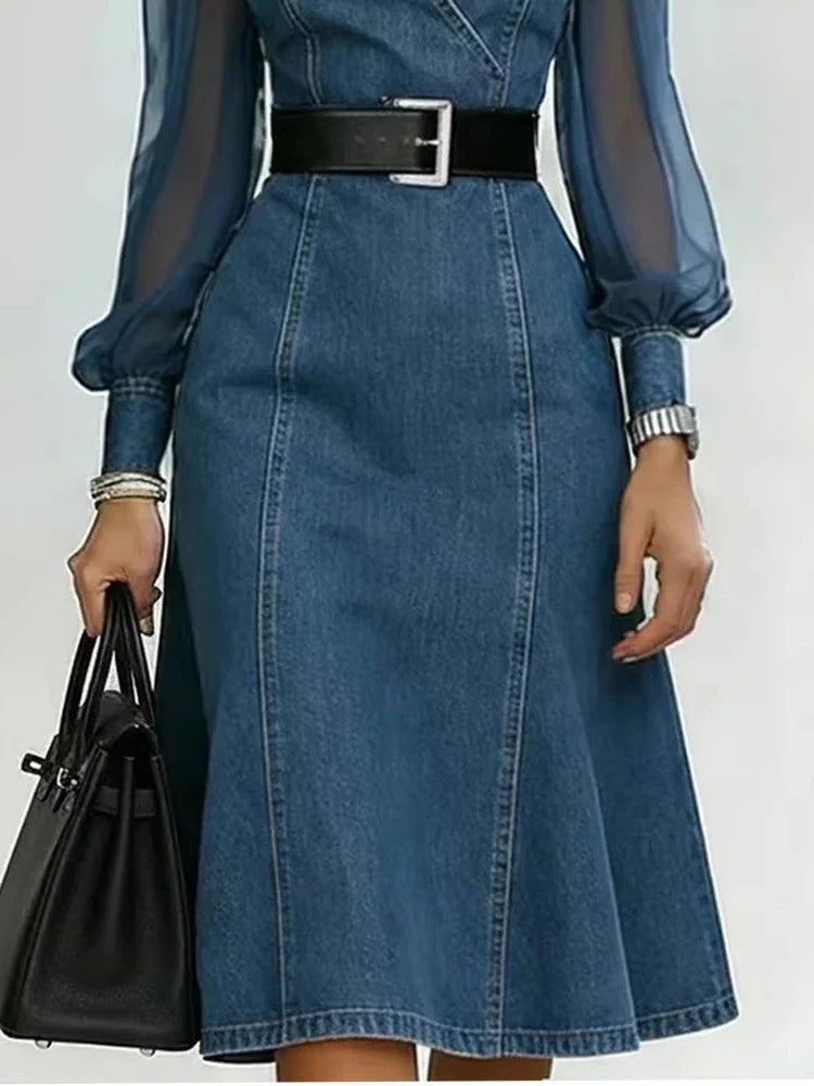 Vestido Denin Elegante Con Mangas De Gaza.