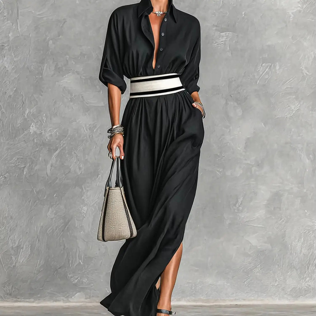 Vestido Camisero Negro con Cinturon a Rayas.