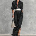 Vestido Camisero Negro con Cinturon a Rayas.