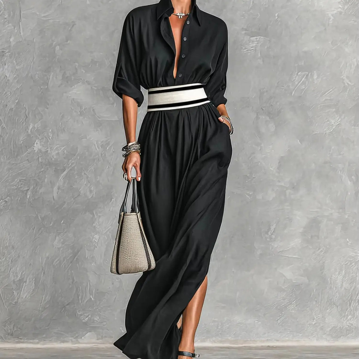 Vestido Camisero Negro con Cinturon a Rayas.