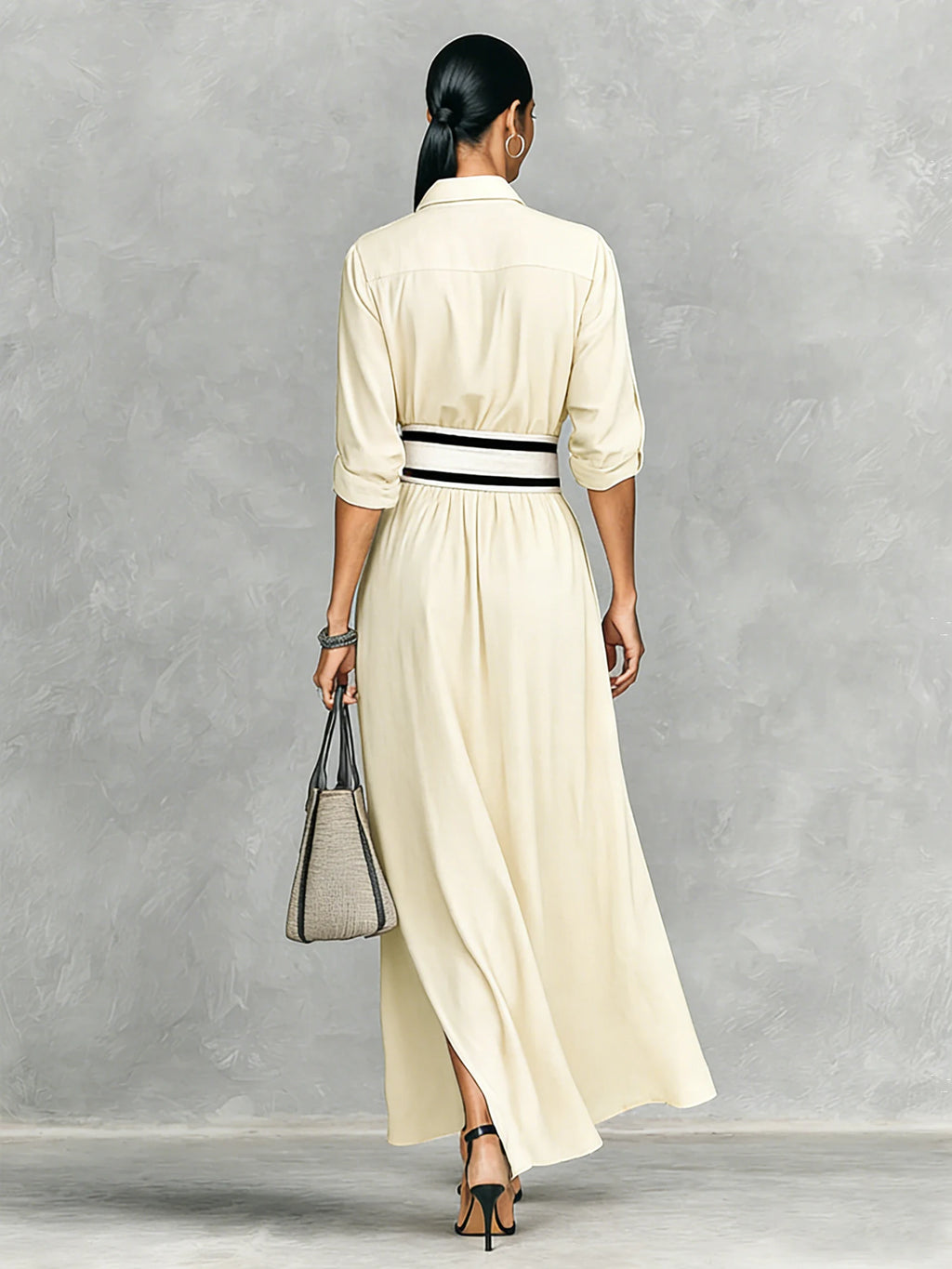 Vestido Camisero Negro con Cinturon a Rayas.