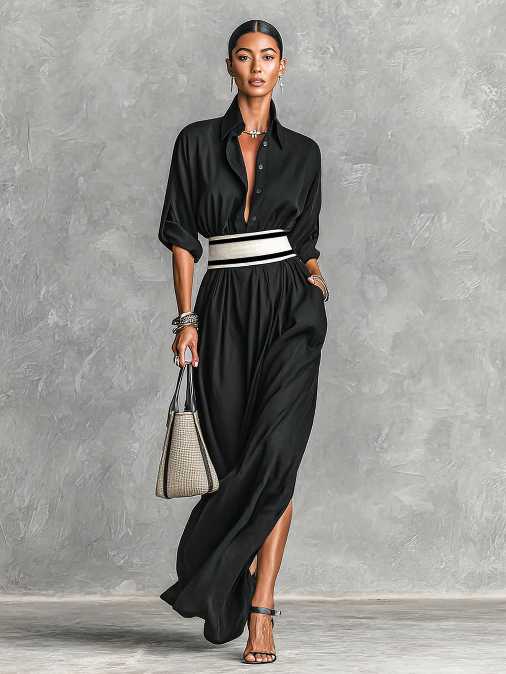 Vestido Camisero Negro con Cinturon a Rayas.