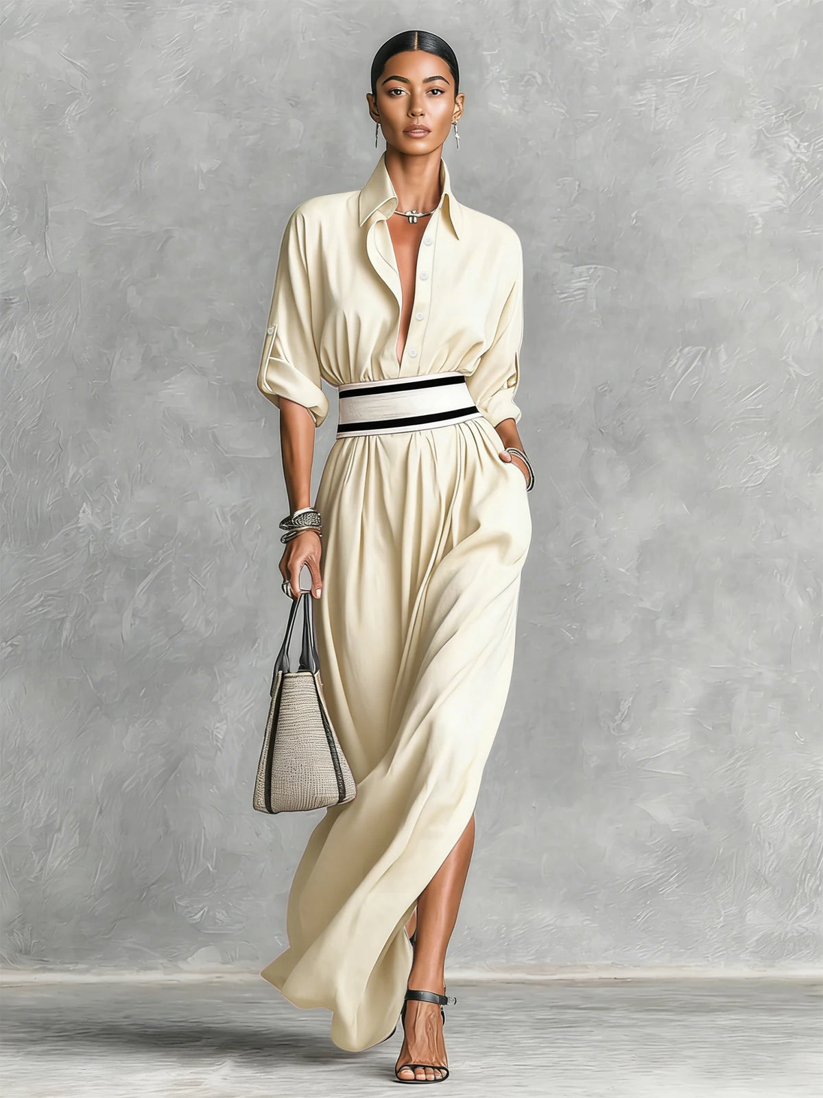 Vestido Camisero Negro con Cinturon a Rayas.
