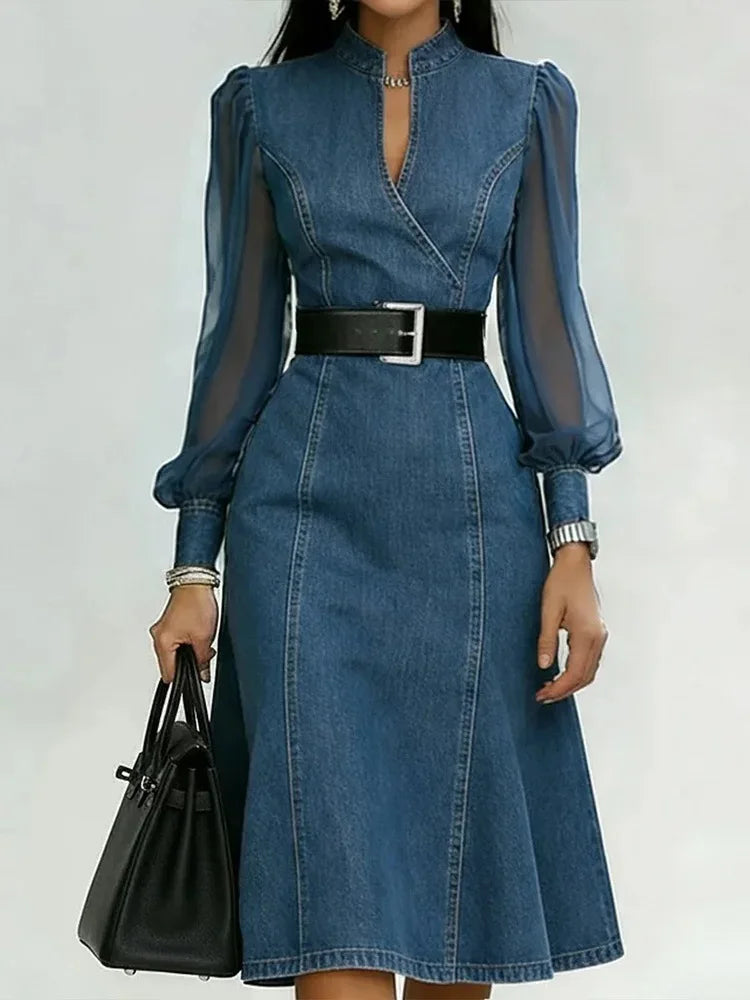 Vestido Denin Elegante Con Mangas De Gaza.