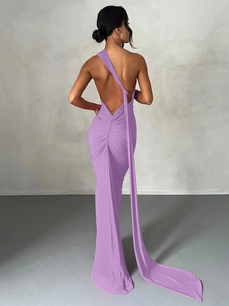 Hugcitar One Shoulder Backless Adjustable Scarf Loop Ruched Sexy Maxi Dress Women Elegant Y2K Streetwear Festival Outfit