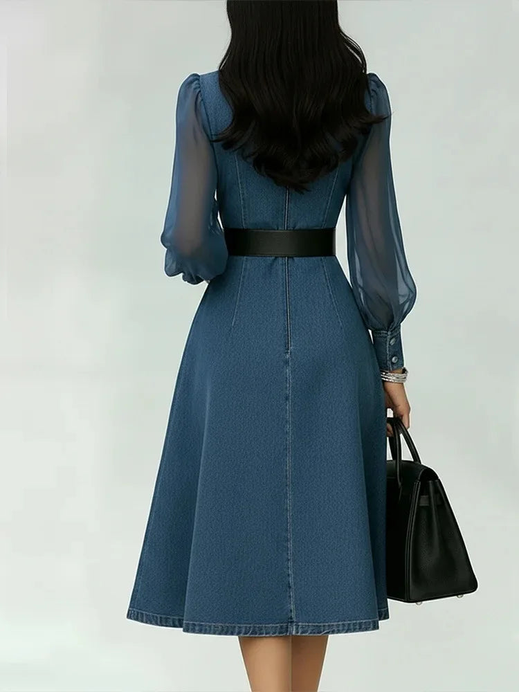 Vestido Denin Elegante Con Mangas De Gaza.
