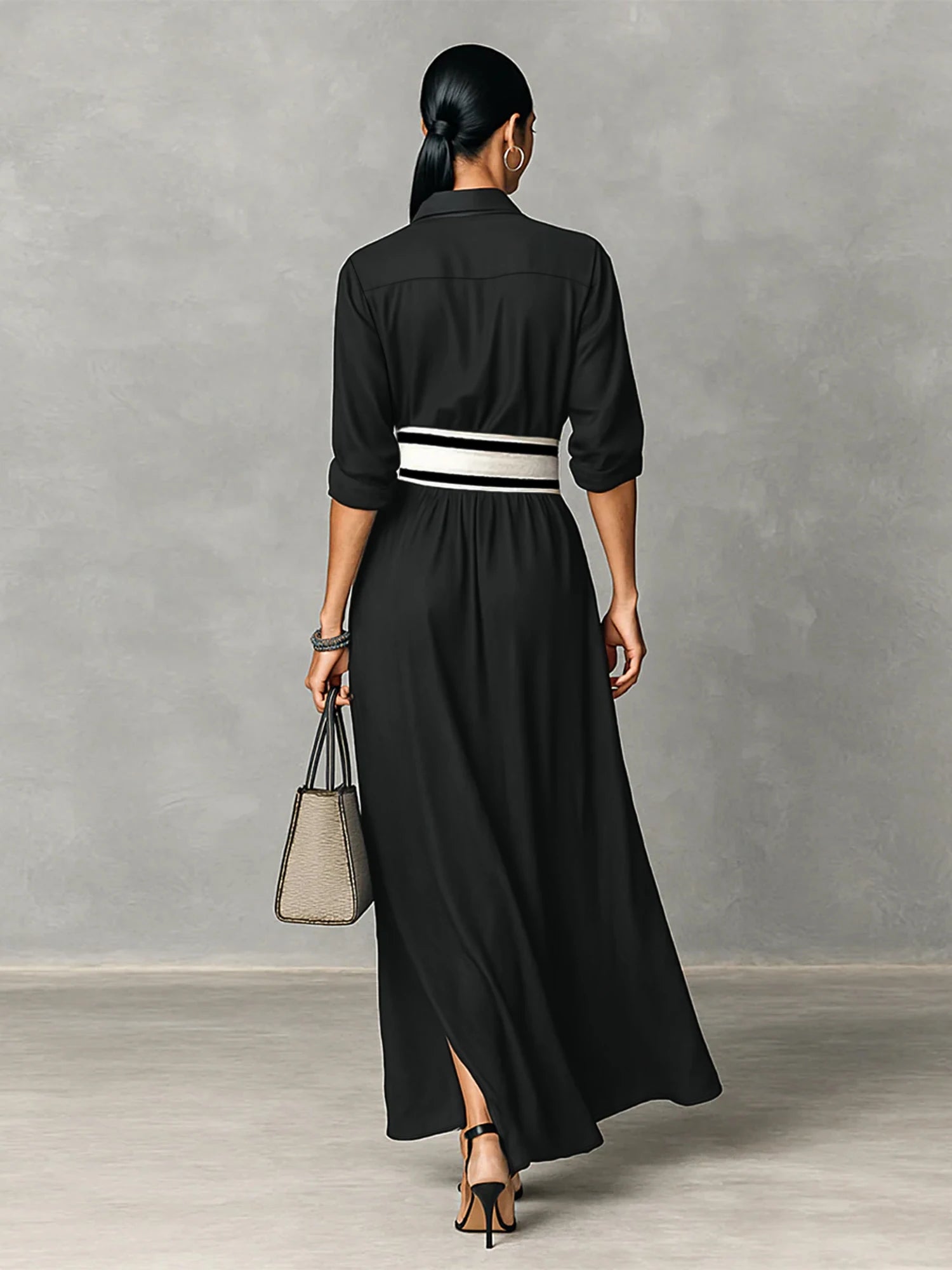 Vestido Camisero Negro con Cinturon a Rayas.