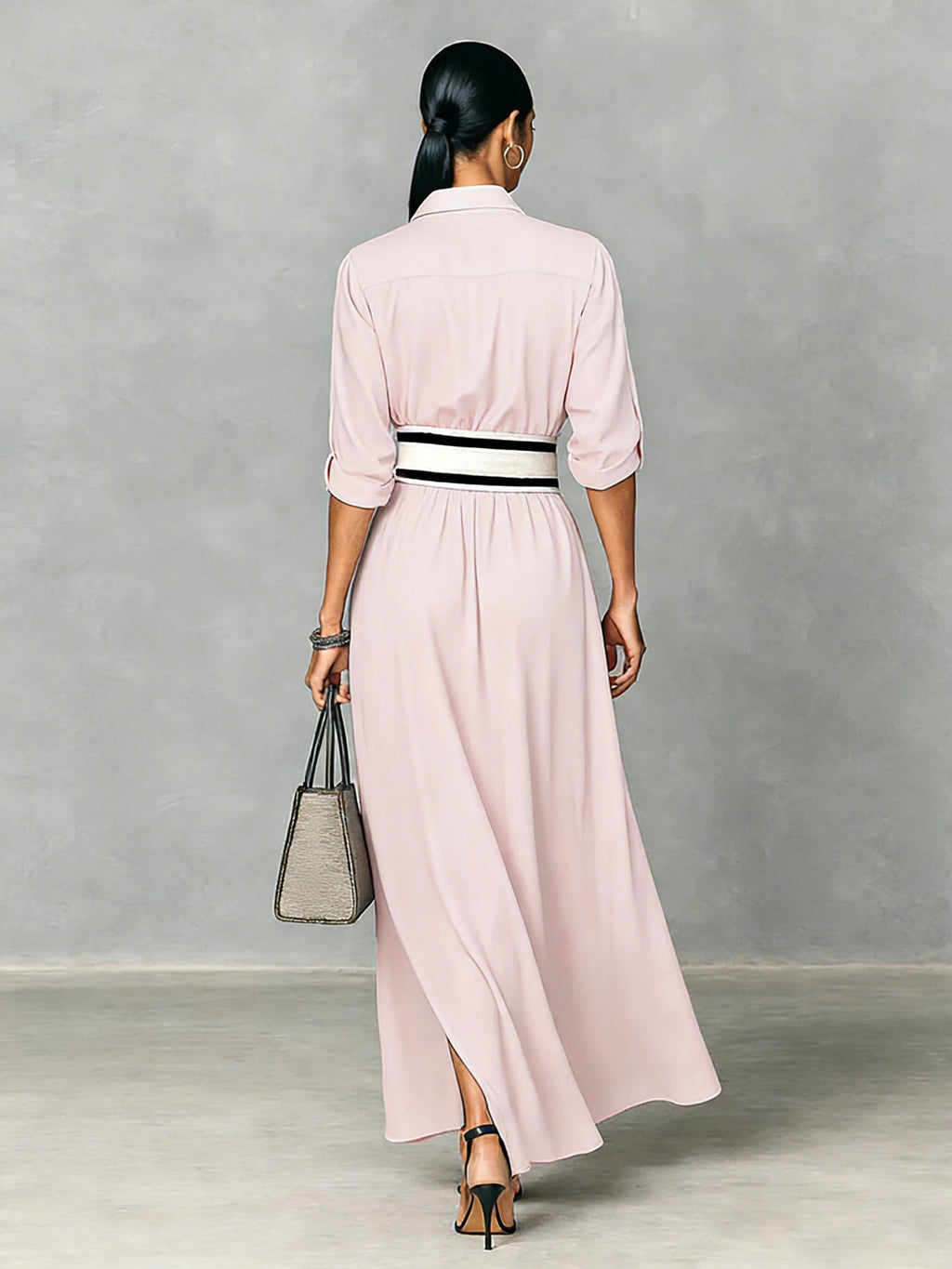 Vestido Camisero Negro con Cinturon a Rayas.