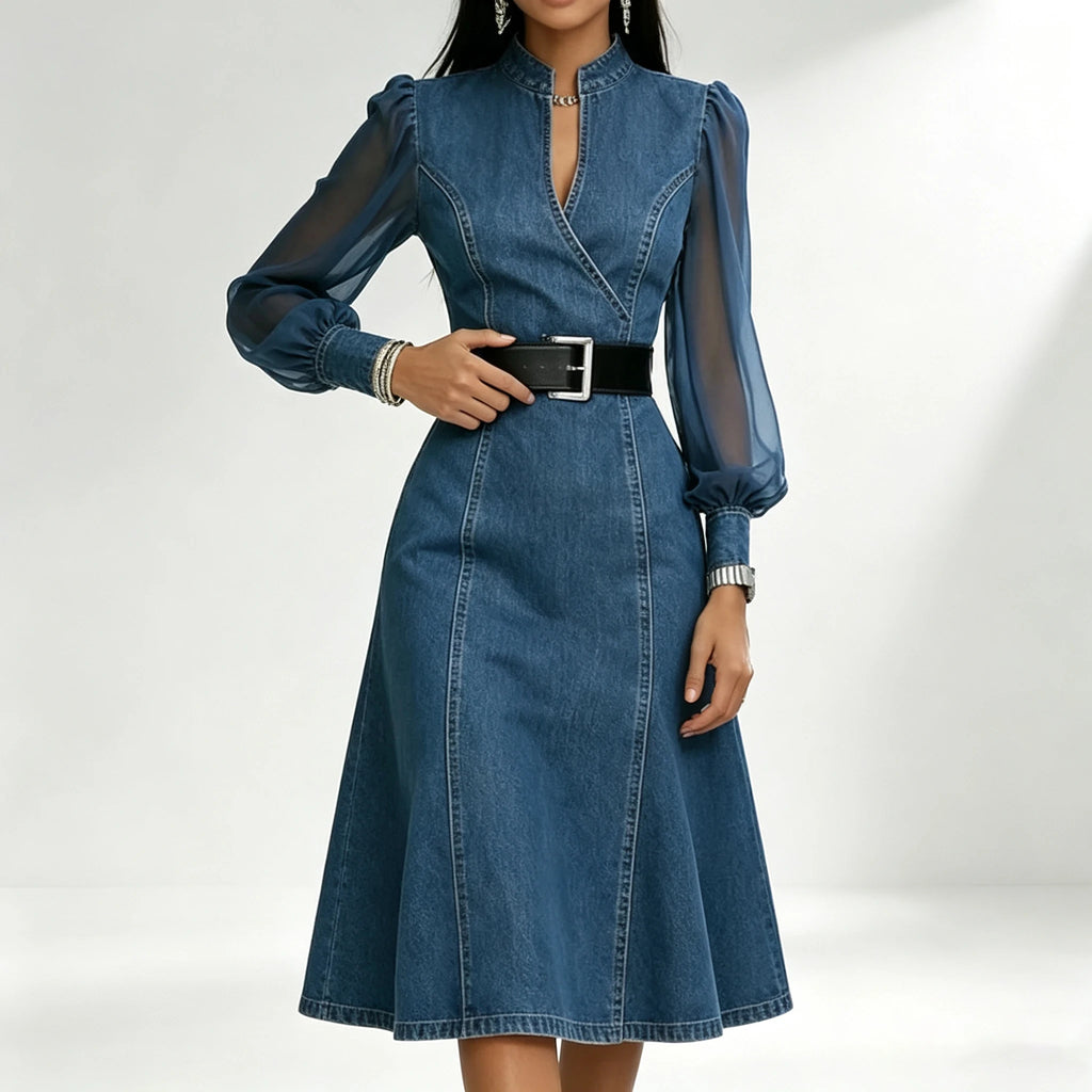Vestido Denin Elegante Con Mangas De Gaza.