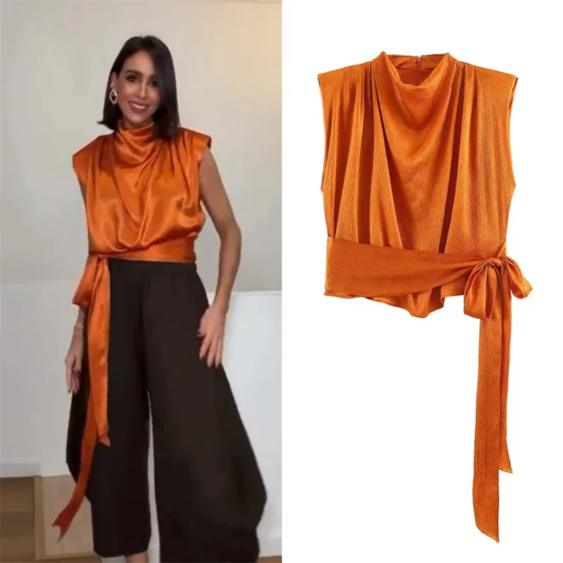 Top Satin Anudado a La Cintura.