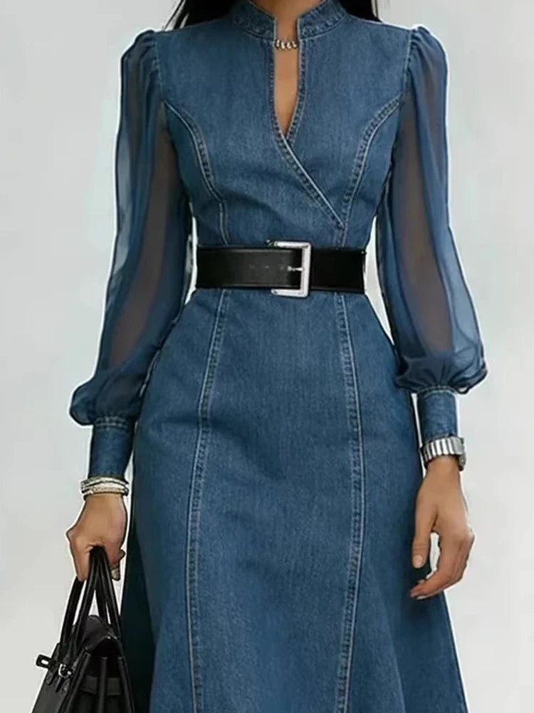 Vestido Denin Elegante Con Mangas De Gaza.